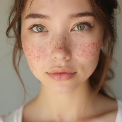Close-up of a young woman's face with freckles and natural skin texture